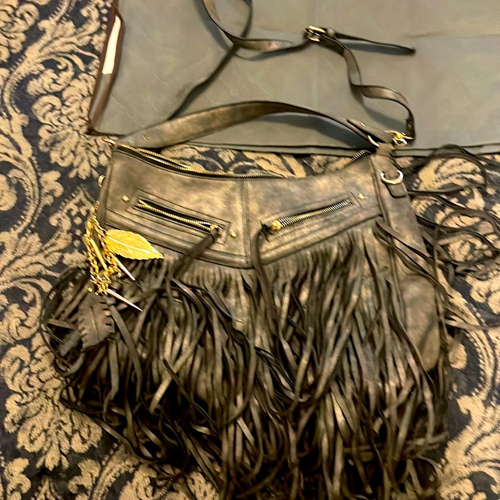 Gray leather fringe purse by Aldo.